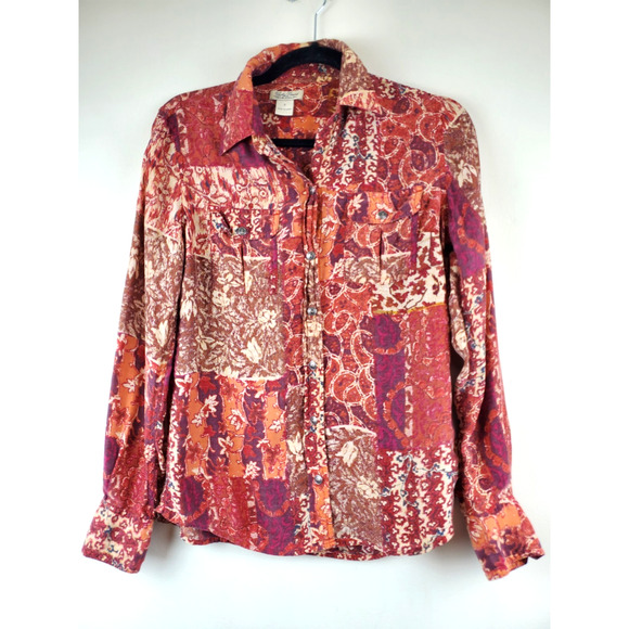 Lucky Brand Womens Small Patchwork Top Boho Button Down Rust Bohemian - Picture 2 of 10